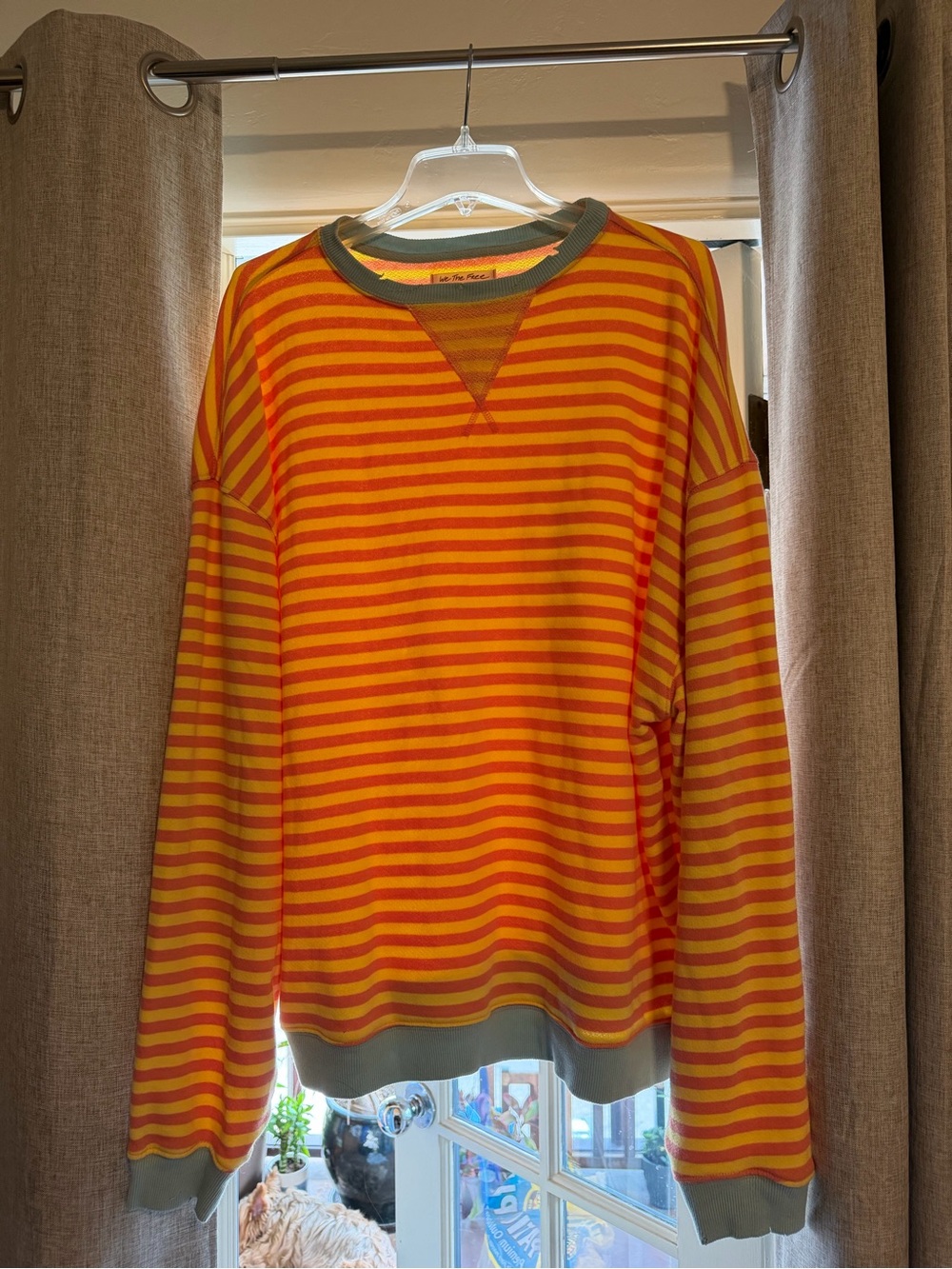 We The Free Orange & Yellow Striped Crewneck Sweater with Olive Trim